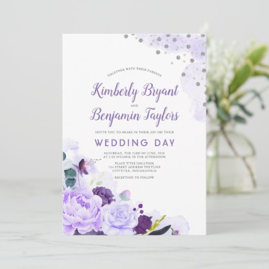 Paarse en zilveren | Bloemen Waterverf bruiloft Kaart (Staand voorkant)