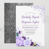 Paarse en zilveren | Bloemen Waterverf bruiloft Kaart (Voorkant / Achterkant)