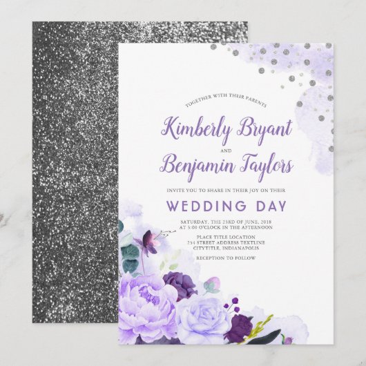 Paarse en zilveren | Bloemen Waterverf bruiloft Kaart (Voorkant / Achterkant)