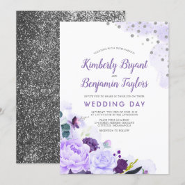 Paarse en zilveren | Bloemen Waterverf bruiloft Kaart
