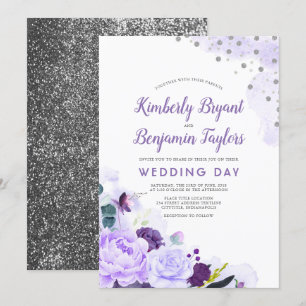 Paarse en zilveren   Bloemen Waterverf bruiloft Kaart