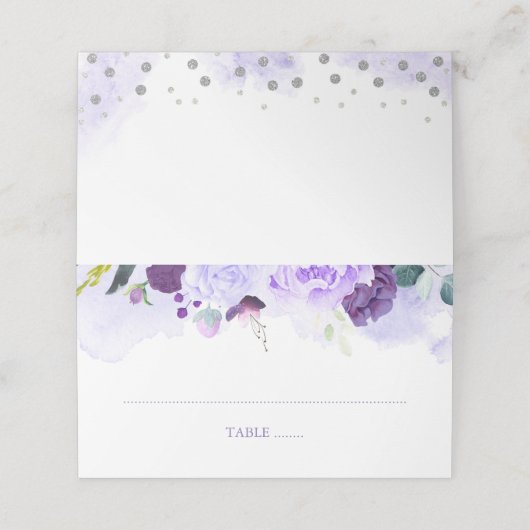 Paarse en Zilveren Bloemen Waterverf Bruiloft Plaatskaartje (Buitenkant ongevouwen)