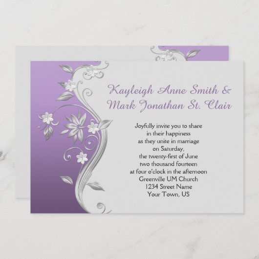 Paarse en zilveren bloemen wervelt bruiloft Kaart (Voorkant / Achterkant)