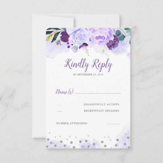 Paarse en zilveren bloemenbruiloft RSVP (Voorkant)