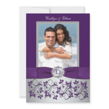 Paarse en zilveren bloemfoto bruiloft uitnodiging