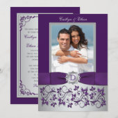 Paarse en zilveren bloemfoto bruiloft uitnodiging (Voorkant / Achterkant)