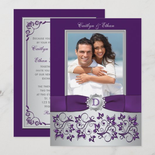 Paarse en zilveren bloemfoto bruiloft uitnodiging (Voorkant / Achterkant)
