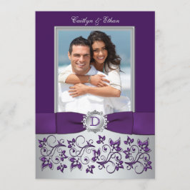 Paarse en zilveren bloemfoto bruiloft uitnodiging