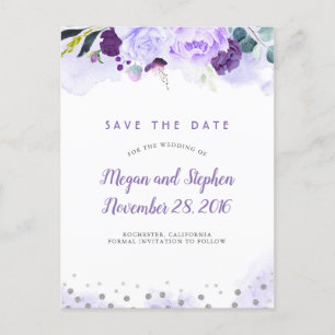 Paarse en zilveren bloemige Elegant Save the Date Aankondigingskaart