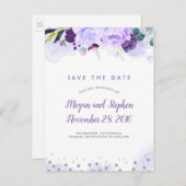 Paarse en zilveren bloemige Elegant Save the Date Aankondigingskaart (Voorkant / Achterkant)