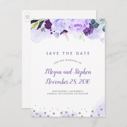 Paarse en zilveren bloemige Elegant Save the Date Aankondigingskaart (Voorkant / Achterkant)