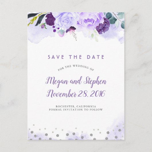 Paarse en zilveren bloemige Elegant Save the Date Aankondigingskaart (Voorkant)
