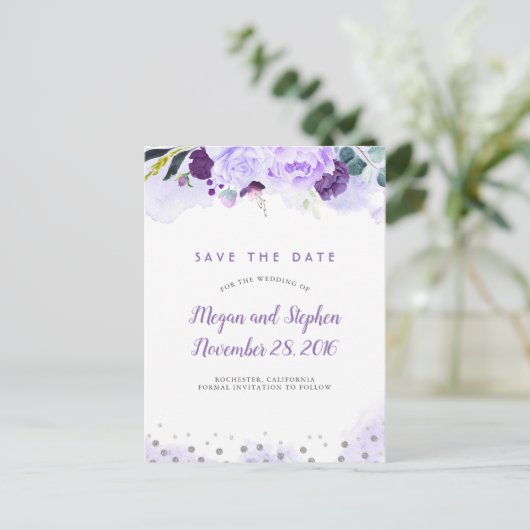 Paarse en zilveren bloemige Elegant Save the Date Aankondigingskaart (Staand voorkant)