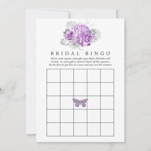 Paarse en zilveren  Bridal Bingo Kaart (Voorkant)