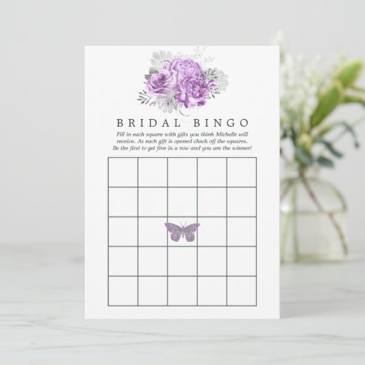 Paarse en zilveren Bridal Bingo Kaart (Staand voorkant)