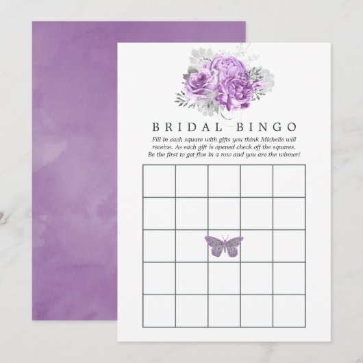 Paarse en zilveren  Bridal Bingo Kaart (Voorkant / Achterkant)