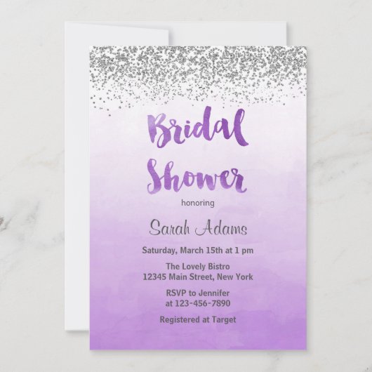 Paarse en zilveren Bridal Shower Invitation Kaart (Voorkant)