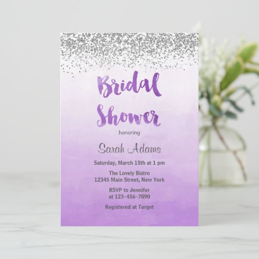 Paarse en zilveren Bridal Shower Invitation Kaart (Staand voorkant)