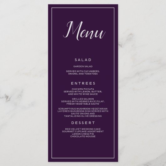 Paarse en zilveren bruiloft catering menu (Voorkant)