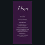 Paarse en zilveren bruiloft catering menu<br><div class="desc">Een heerlijk huwelijksreceptie menu, dit item heeft een paarse achtergrond met zilveren lettertype en rand. Het woord "Menu" is bovenaan in prachtig zilver lettertype geschreven. Alle andere informatie is geschreven in mooie zilveren print. Personaliseer zoals je wilt. Menu Ontwerp: BruiloftenByRhoadie</div>