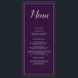 Paarse en zilveren bruiloft catering menu<br><div class="desc">Een heerlijk huwelijksreceptie menu,  dit item heeft een paarse achtergrond met zilveren lettertype en rand. Het woord "Menu" is bovenaan in prachtig zilver lettertype geschreven. Alle andere informatie is geschreven in mooie zilveren print. Personaliseer zoals je wilt. Menu Ontwerp: BruiloftenByRhoadie</div>