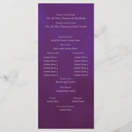 Paarse en zilveren bruiloft programmakaart (Achterkant)