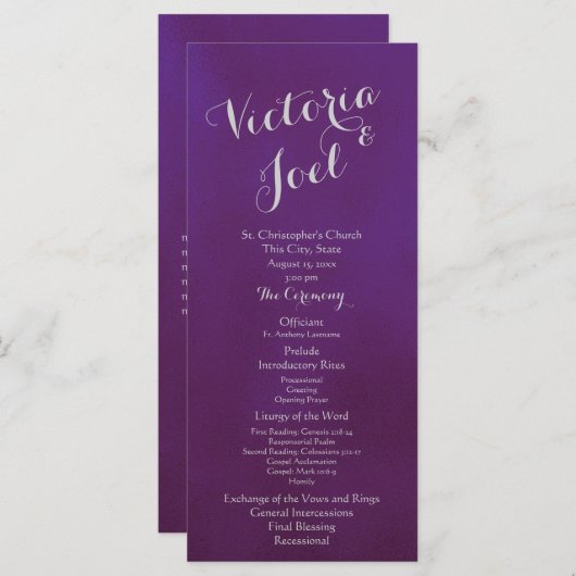 Paarse en zilveren bruiloft programmakaart (Voorkant / Achterkant)