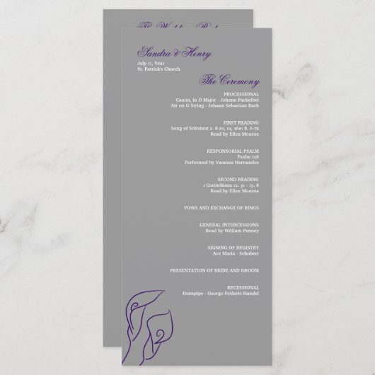 Paarse en zilveren Calla lelies huwelijksprogramma Programmakaart (Voorkant / Achterkant)