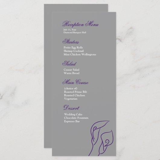 Paarse en zilveren Calla Lelies Receptie Menu (Voorkant / Achterkant)
