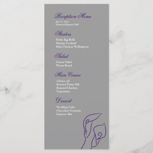 Paarse en zilveren Calla Lelies Receptie Menu (Voorkant)