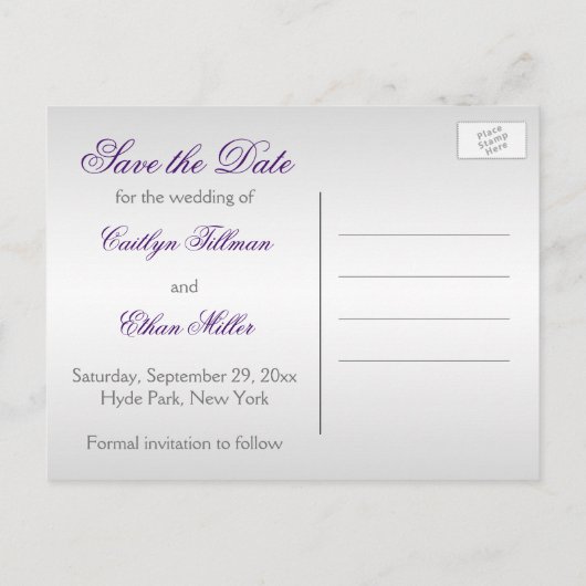 Paarse en Zilveren Damask Sla de Datum Kaart op (Achterkant)