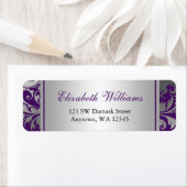 Paarse en Zilveren Damask Swirls Retouradres Etiket (Insitu)