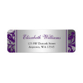 Paarse en Zilveren Damask Swirls Retouradres Etiket (Voorkant)