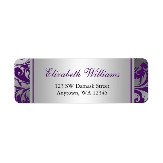 Paarse en Zilveren Damask Swirls Retouradres Etiket (Voorkant)