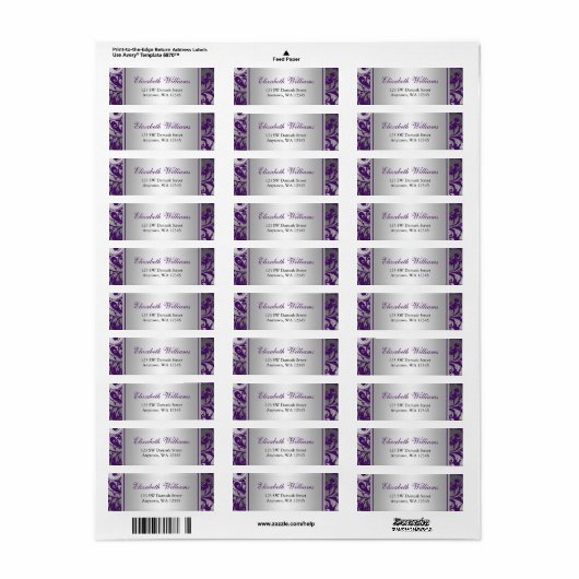 Paarse en Zilveren Damask Swirls Retouradres Etiket (Full Sheet)