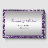 Paarse en Zilveren Damask Swirls Wedding Gastenboek (Voorkant)