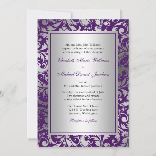 Paarse en Zilveren Damask Swirls Wedding Kaart (Voorkant)