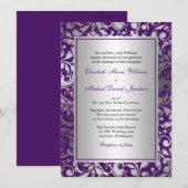 Paarse en Zilveren Damask Swirls Wedding Kaart (Voorkant / Achterkant)