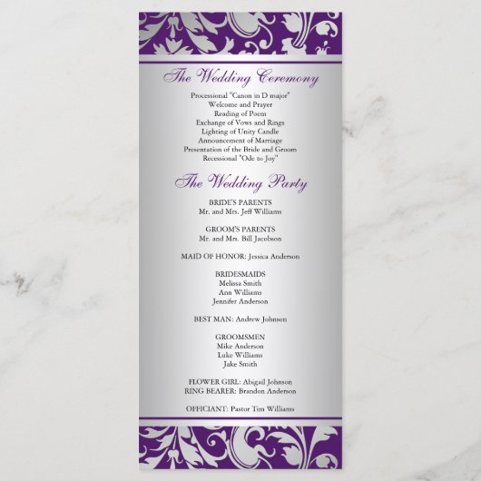 Paarse en zilveren Damask Swirls Wedding Program Programmakaart (Achterkant)