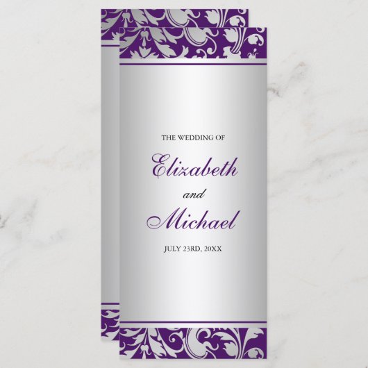 Paarse en zilveren Damask Swirls Wedding Program Programmakaart (Voorkant / Achterkant)