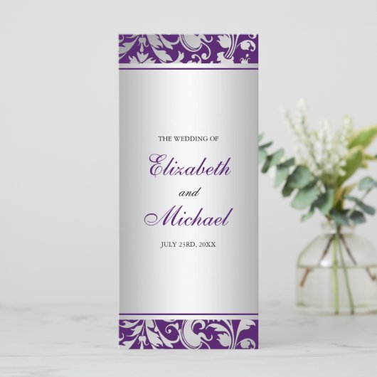 Paarse en zilveren Damask Swirls Wedding Program Programmakaart (Staand voorkant)