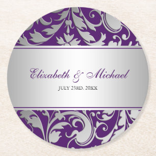 Paarse en Zilveren Damask Swirls Wedding Ronde Kartonnen Onderzetter