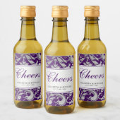 Paarse en Zilveren Damast Swirls Bruiloft Mini Wijn Etiket (Flessen)