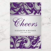 Paarse en Zilveren Damast Swirls Bruiloft Mini Wijn Etiket (Enkel label)