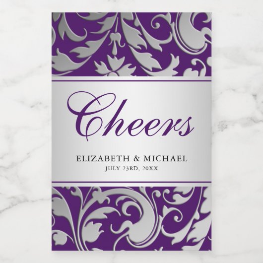 Paarse en Zilveren Damast Swirls Bruiloft Mini Wijn Etiket (Enkel label)
