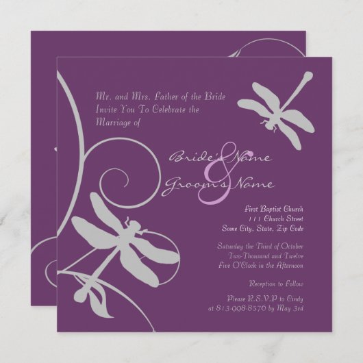 Paarse en Zilveren Dragonfly Weddenschap Kaart (Voorkant / Achterkant)