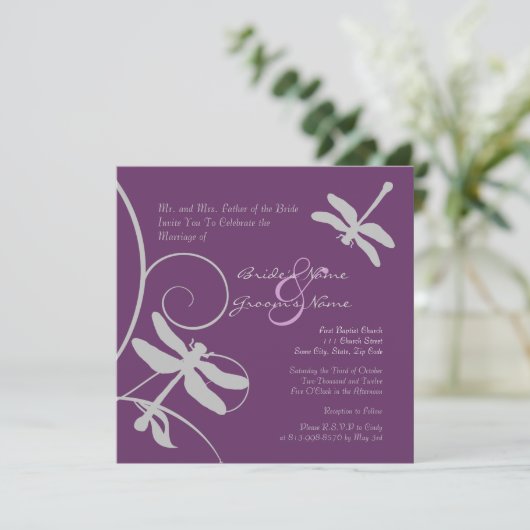 Paarse en Zilveren Dragonfly Weddenschap Kaart (Staand voorkant)