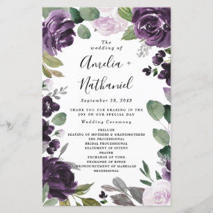 Paarse en zilveren Elegant Floral Wedding Programm