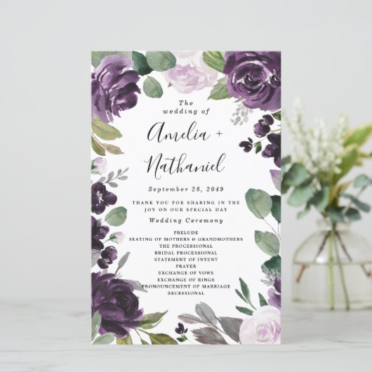 Paarse en zilveren Elegant Floral Wedding Programm (Staand voorkant)