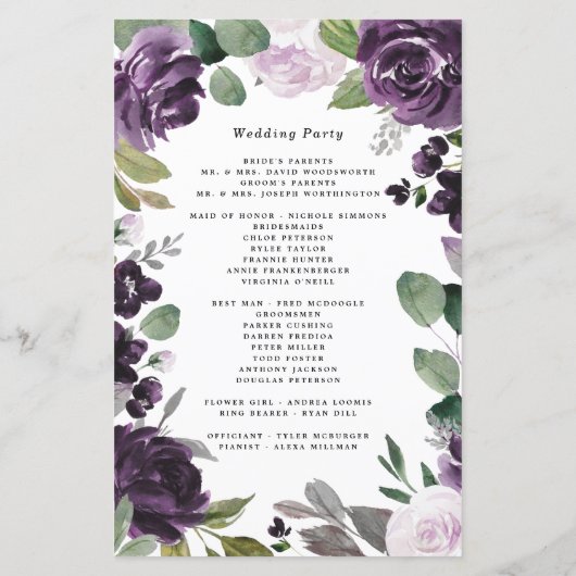 Paarse en zilveren Elegant Floral Wedding Programm (Achterkant)